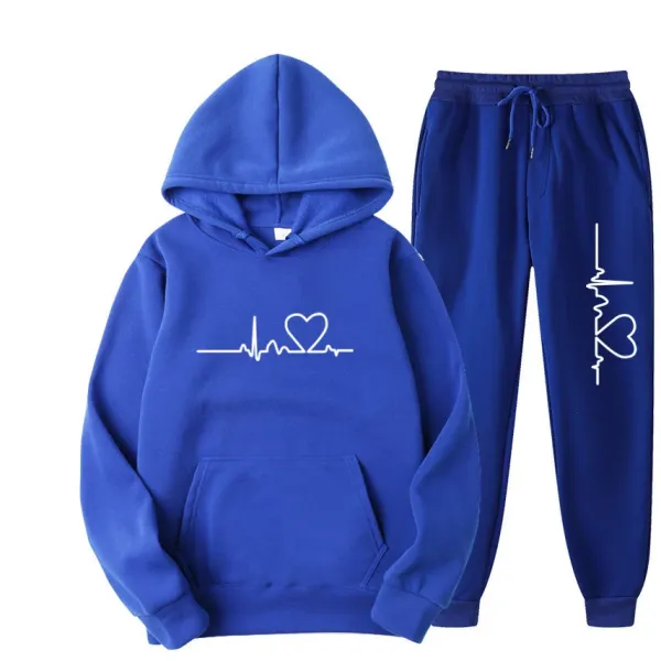 Design Heartbeat ECG Print Hoodie and Sweatpants Set Royal Blue - 1