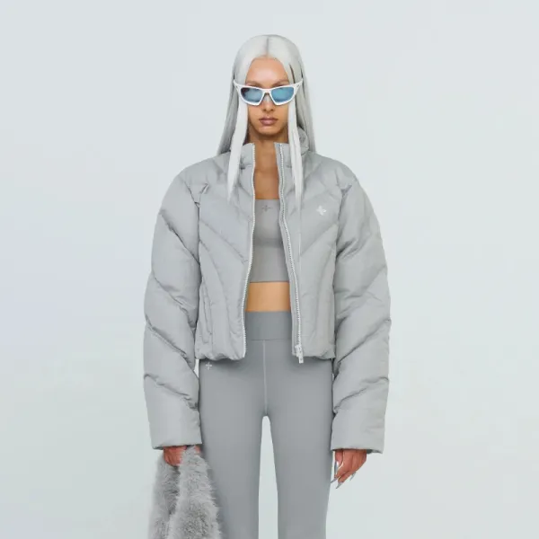 Design Quilted Cropped Puffer Jacket Light Gray Outerwear.jacket - 3