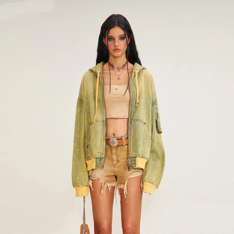 SMF SMFK Hooded Denim Jacket Olive Green Cross-Stitch Embroidery Outerwear - 3