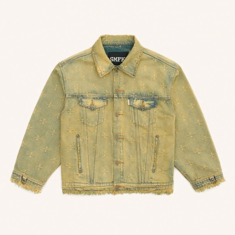 SMF Cross-Embroidered Washed Denim Jacket
