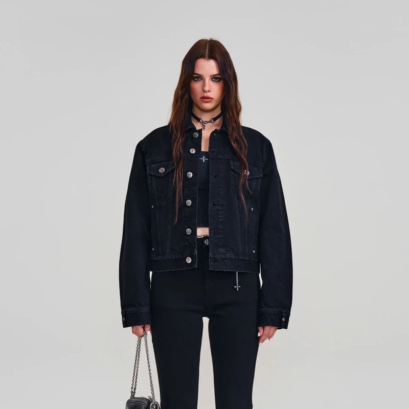 SMF SMFK Cropped Denim Jacket Black Denim Jacket - 5