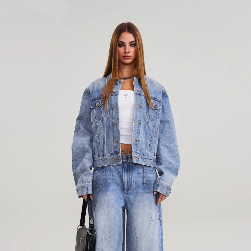 SMF Distressed Cropped Denim Jacket Blue - 14