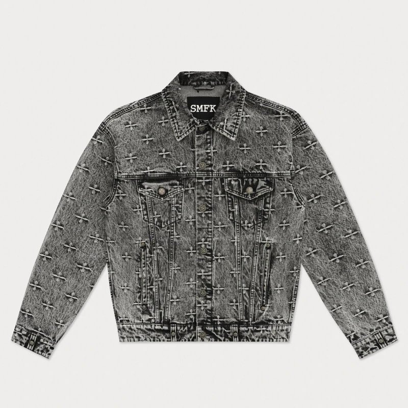 SMF Black Denim Jacket with Embroidered Floral Motif - 6