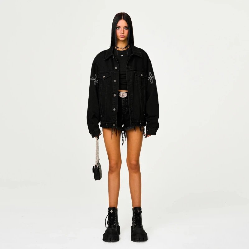 SMF Black Denim Jacket with Embroidered Floral Motif - 8