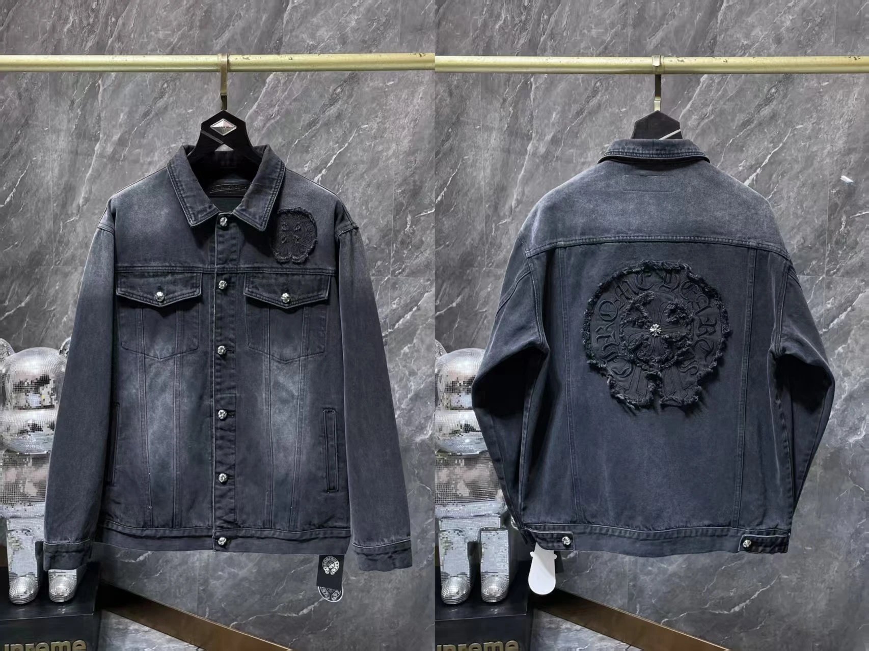 Chrome Hearts Denim Jacket Black Distressed Embroidered Logo Denim-Jacket