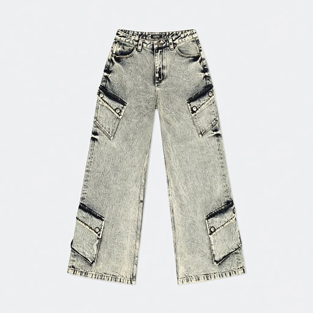 Design Cargo Pocket Wide-Leg Black Denim Jeans - 2