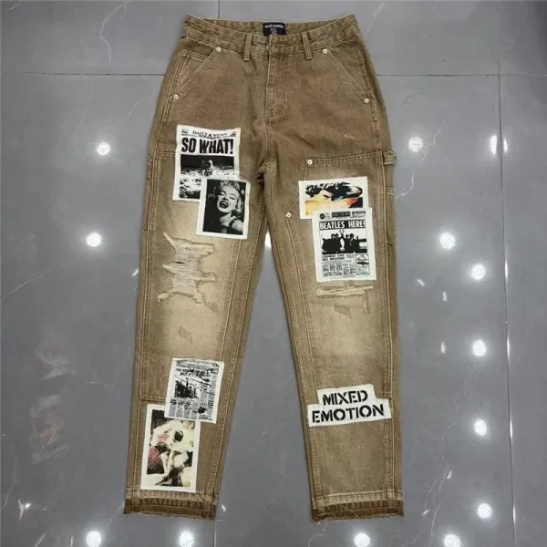Design Newspaper Patchwork Distressed Black Jeans - 12