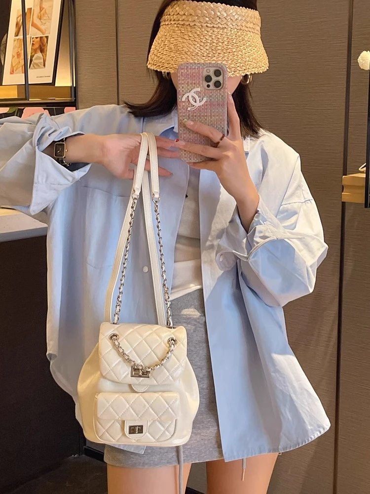 Chanel Mini Backpack Silver Quilted Lambskin with Chain Strap - 6