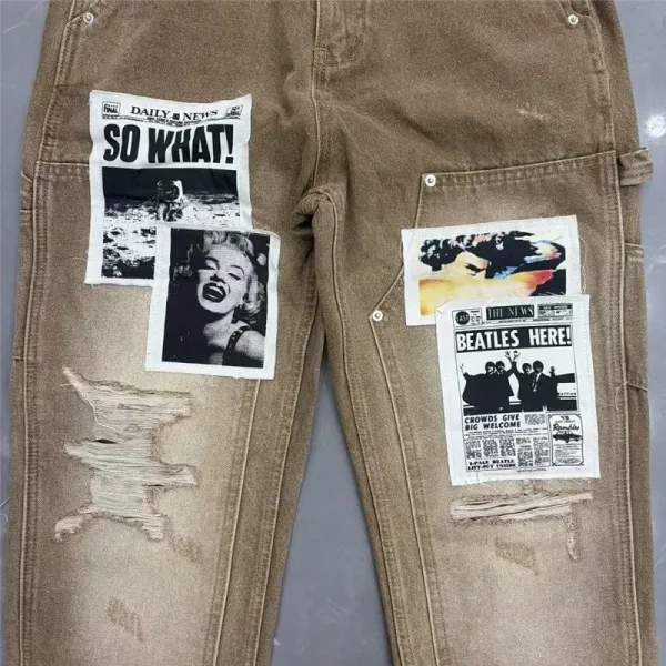 Design Newspaper Patchwork Distressed Black Jeans - 15