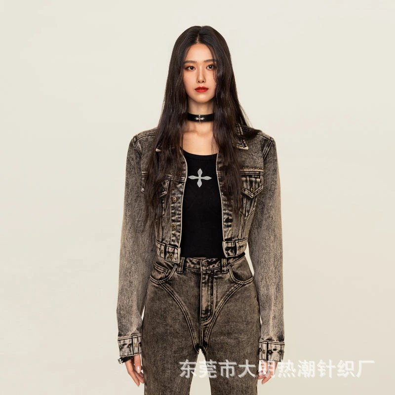SMF SMFK Cropped Denim Jacket Gray Wash Denim Jacket - 6