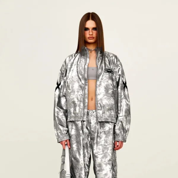 SMF SMFK X Logo Metallic Silver Windbreaker Jacket Outerwear - 8