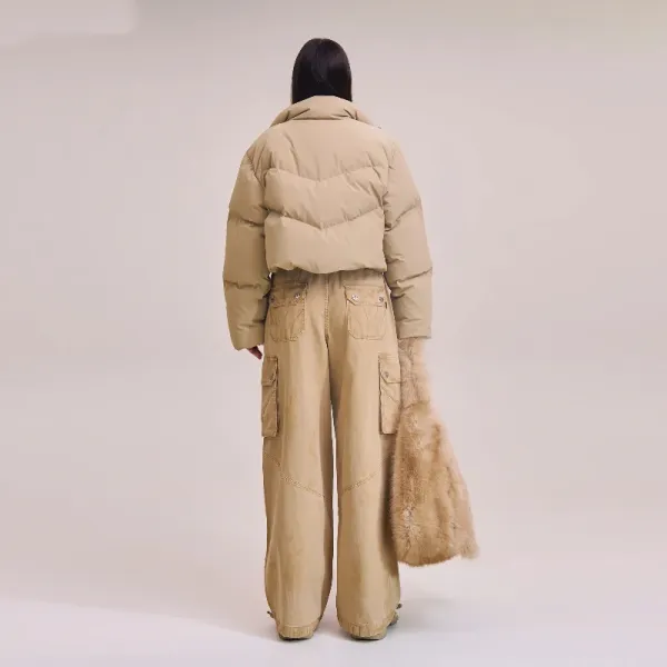 Design Cropped Puffer Jacket Beige Outerwear - 8