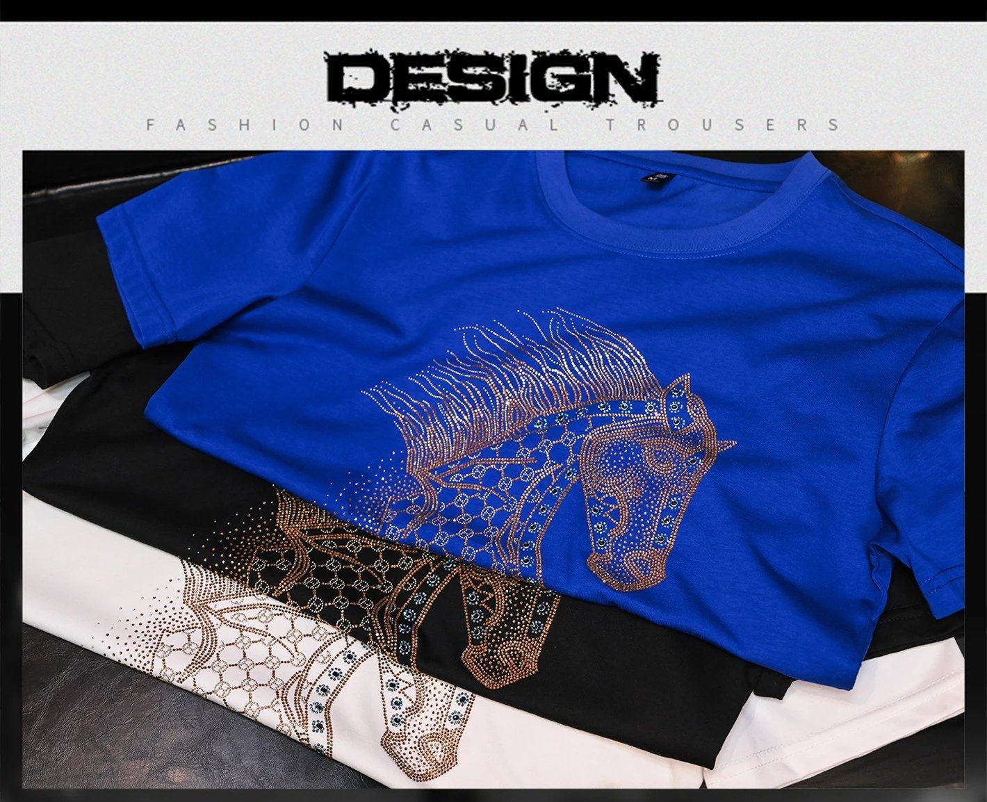 Design Horse Rhinestone Embroidery Royal Blue T-Shirt - 3