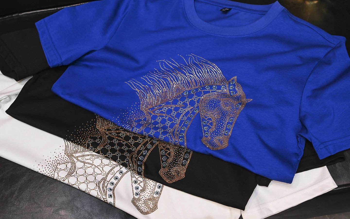 Design Horse Rhinestone Embroidery Royal Blue T-Shirt - 11