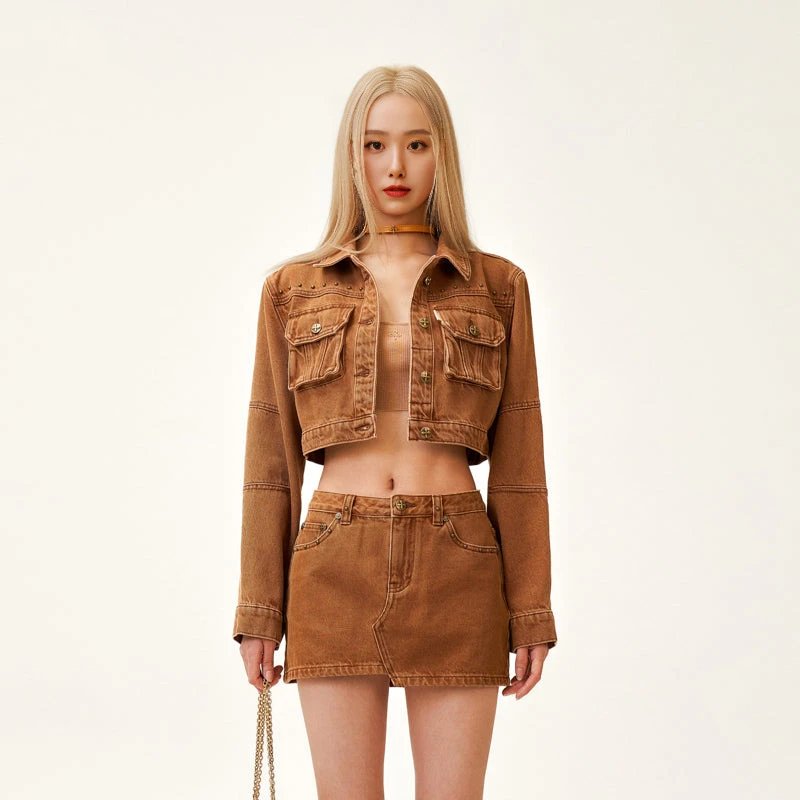 SMF SMFK Cropped Denim Jacket Caramel Brown Denim Jacket - 3
