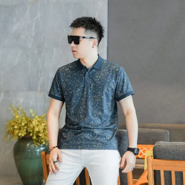 Design Floral Print Polo Shirt and Embroidered Logo Pants Set Casual Set - 14