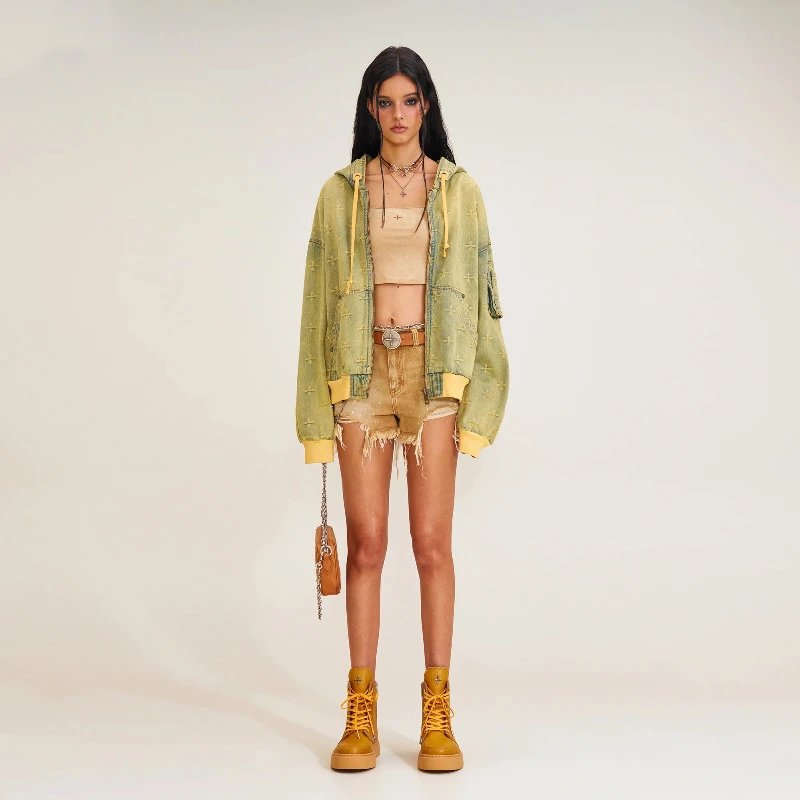SMF SMFK Hooded Denim Jacket Olive Green Cross-Stitch Embroidery Outerwear - 4