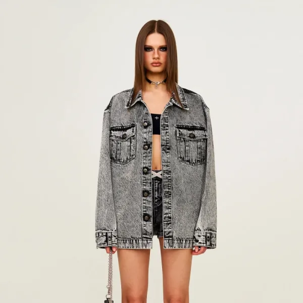 SMF SMFK Acid Wash Denim Jacket Gray Denim Jacket - 3