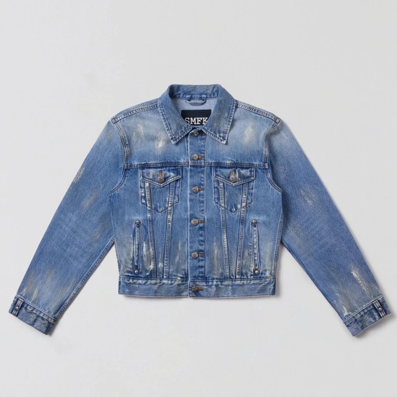 SMF Distressed Cropped Denim Jacket Blue