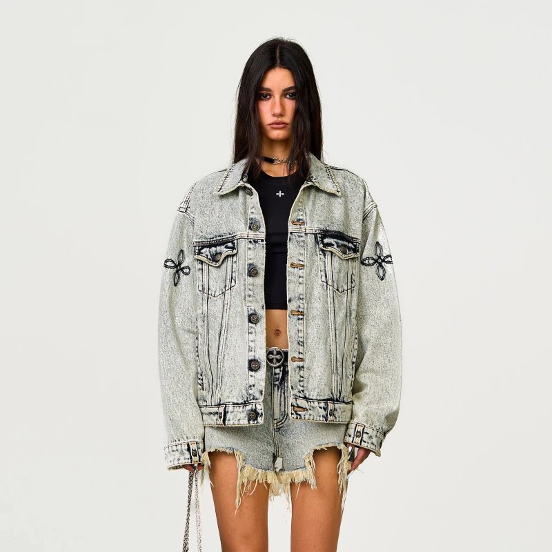 SMF Black Denim Jacket with Embroidered Floral Motif - 14