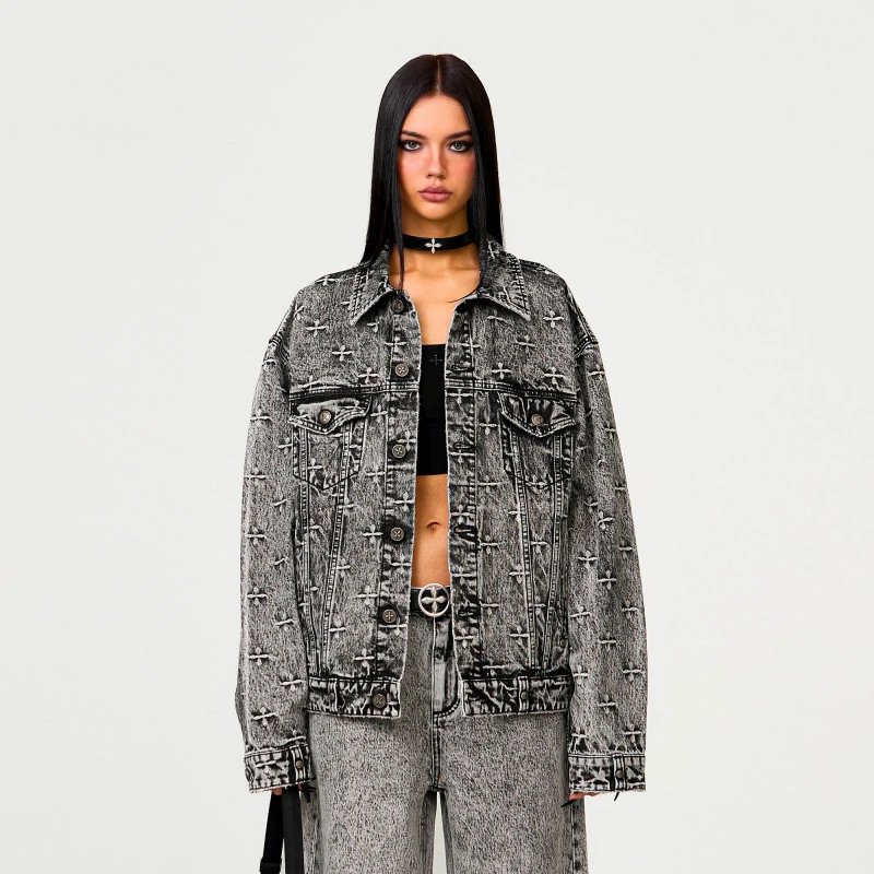 SMF Black Denim Jacket with Embroidered Floral Motif - 5