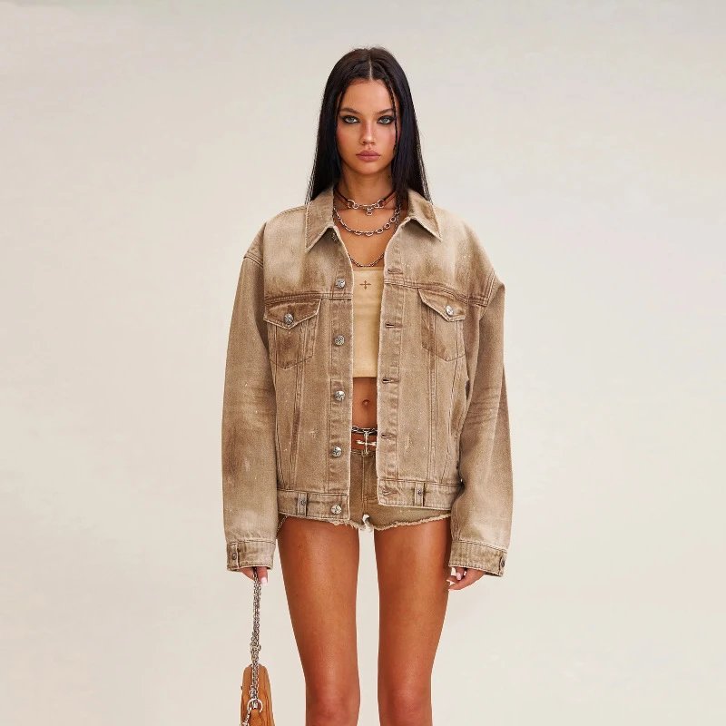 Design Glitter Denim Jacket Beige Outerwear - 11
