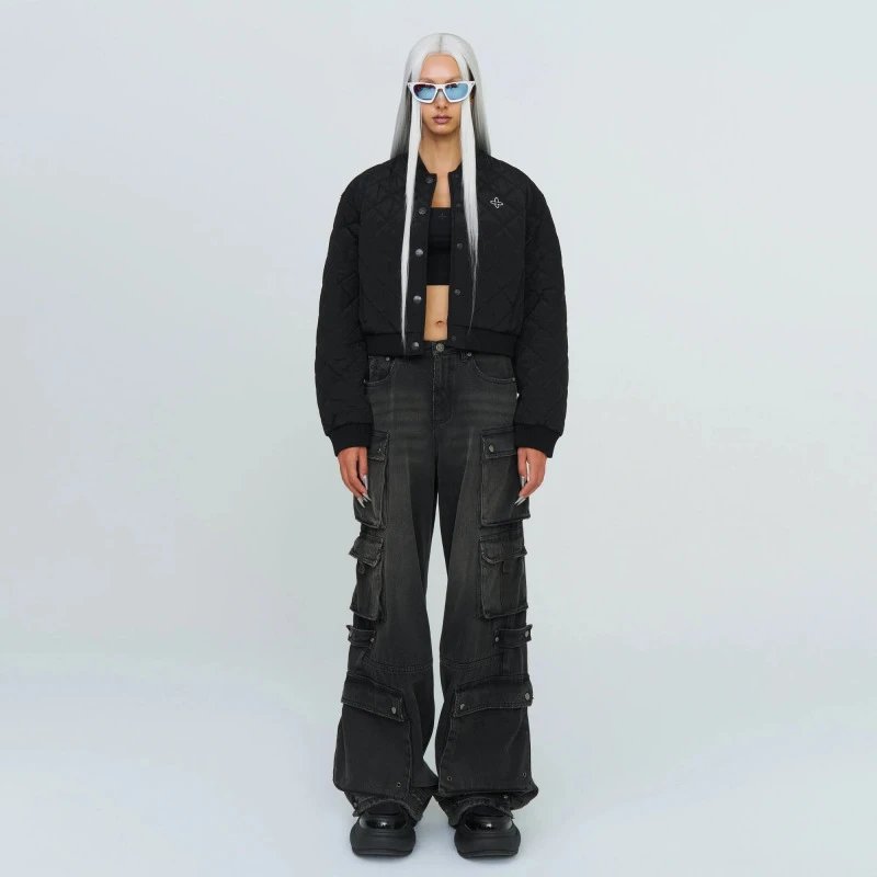 Design Cargo Pocket Wide-Leg Black Denim Jeans - 7