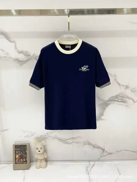 Dior Couture Embroidered Navy T-Shirt with Contrast Collar and Striped Cuffs - 1