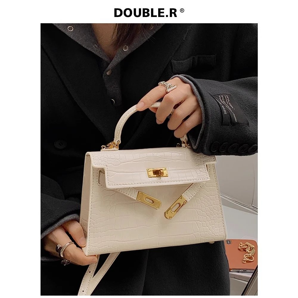 Design DOUBLE.R Mini Kelly Croc-Embossed White Handbag Handbags - 1