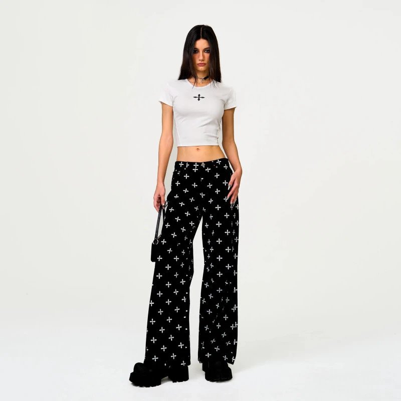 SMF SMFK Cross Print Wide-Leg Pants Black Pants - 5