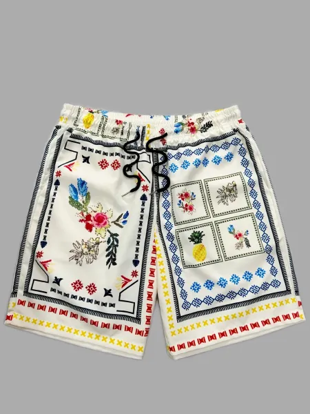 Design Embroidered Folk Print Shorts White - 1