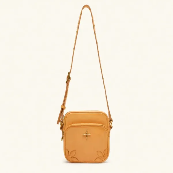 Design Leather Crossbody Bag with Embroidered Leaf Motif Tan - 8