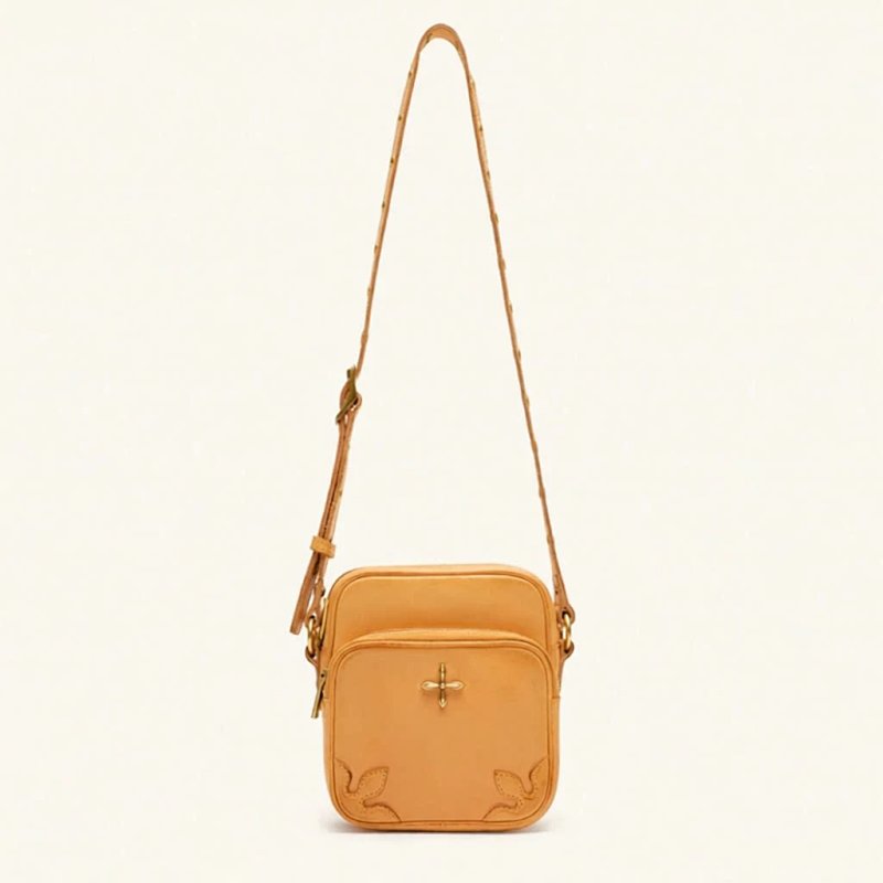 Mini Crossbody Bag in Tan Leather with Embroidered Leaves