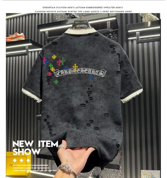 Design Bailysa Embroidered Distressed Corduroy T-Shirt Black T-Shirts - 8