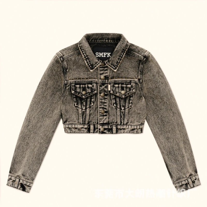 SMF SMFK Cropped Denim Jacket Gray Wash Denim Jacket