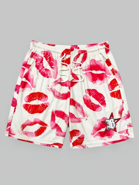 Design Lip Print Basketball Shorts White Red Pink - 1