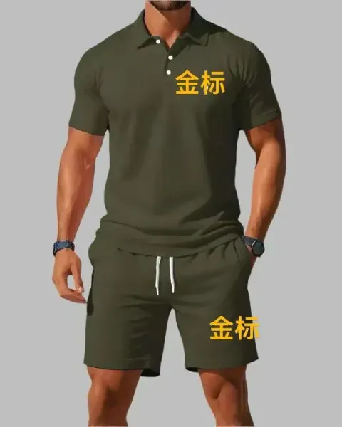 Design Polo Shirt and Shorts Set Army Green Casual Set - 1