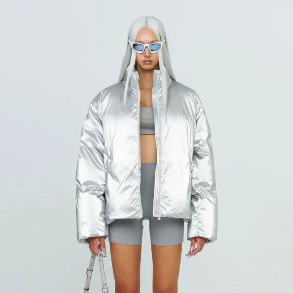 Design Metallic Silver Puffer Jacket Outerwear.jacket - 6