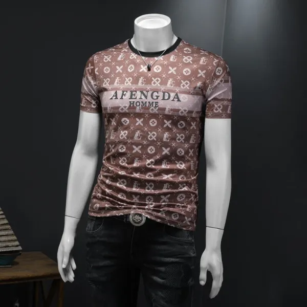 Design AFENGDA Homme Monogram Print Brown T-Shirt T-Shirts - 18