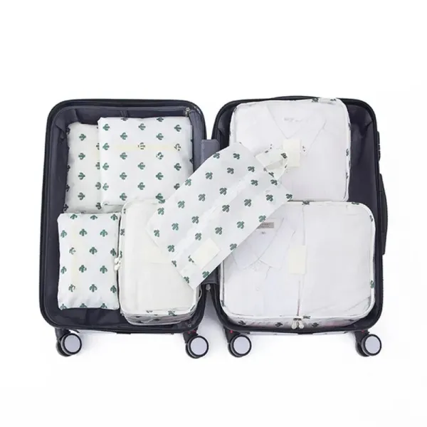Design Cactus Pattern Packing Cubes Set White with Green Cactus Print Travel Organizers Travel Bags - 1