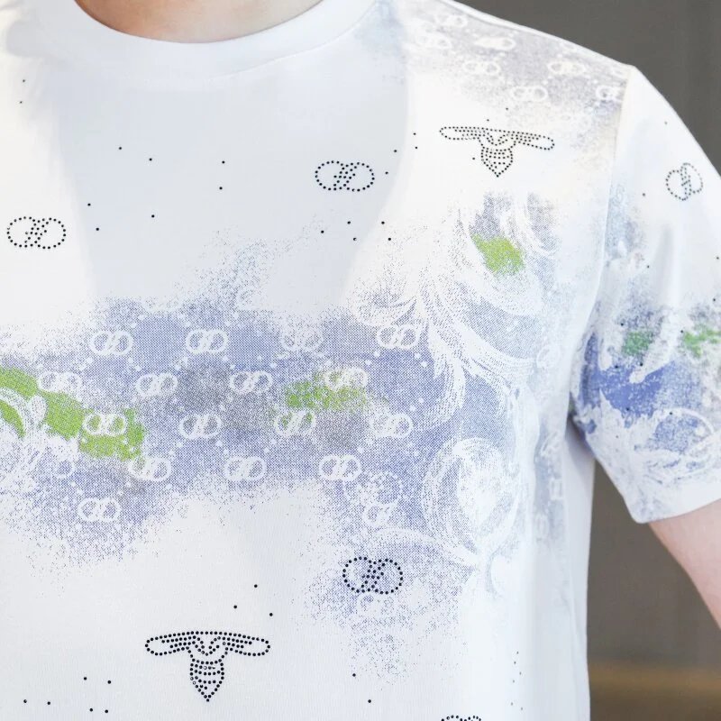 Design Graphic Print Black T-Shirt with Floral Pattern and White Embroidered Pants - 12