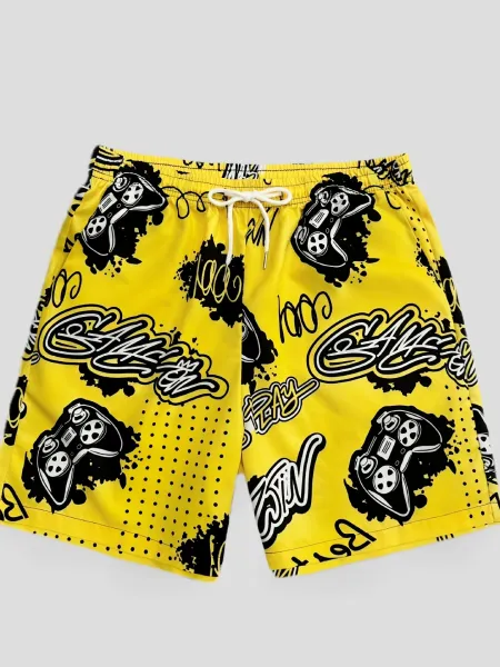 Design Puzzle Print Drawstring Shorts Black - 25