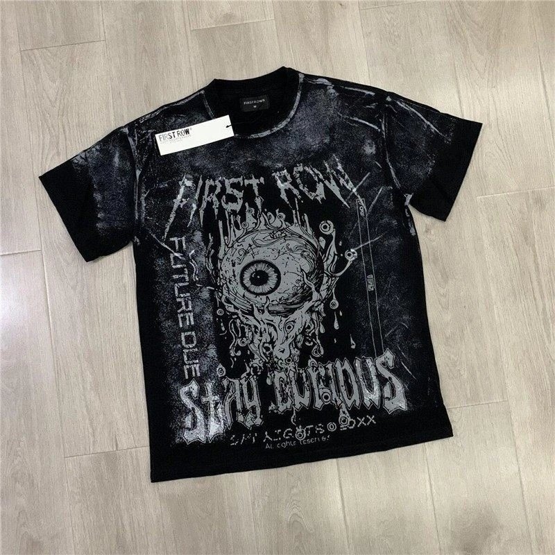 Design First Row Stay Curious Distressed Graphic T-Shirt Black T-Shirts - 4