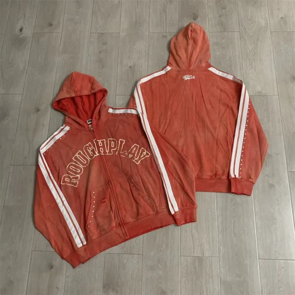 Design Rough Play Zip-Up Hoodie Orange with White Stripes and Studs Hoodie - 1