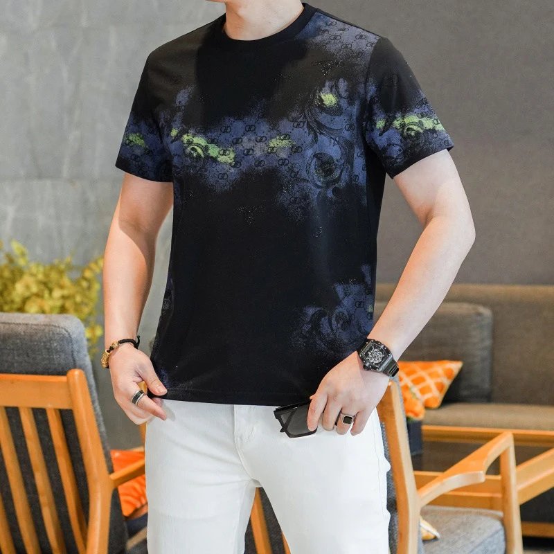 Design Graphic Print Black T-Shirt with Floral Pattern and White Embroidered Pants - 6