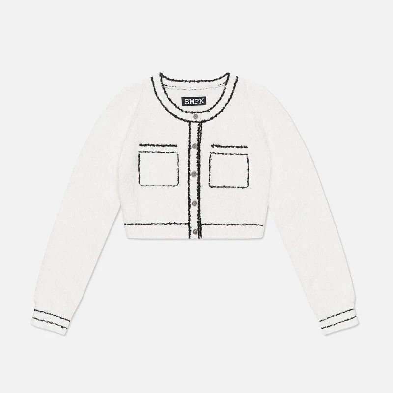 SMF SMFK Tweed-Trimmed Cropped Cardigan White Outerwear.cardigan