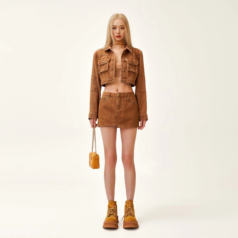 SMF SMFK Cropped Denim Jacket Caramel Brown Denim Jacket - 4