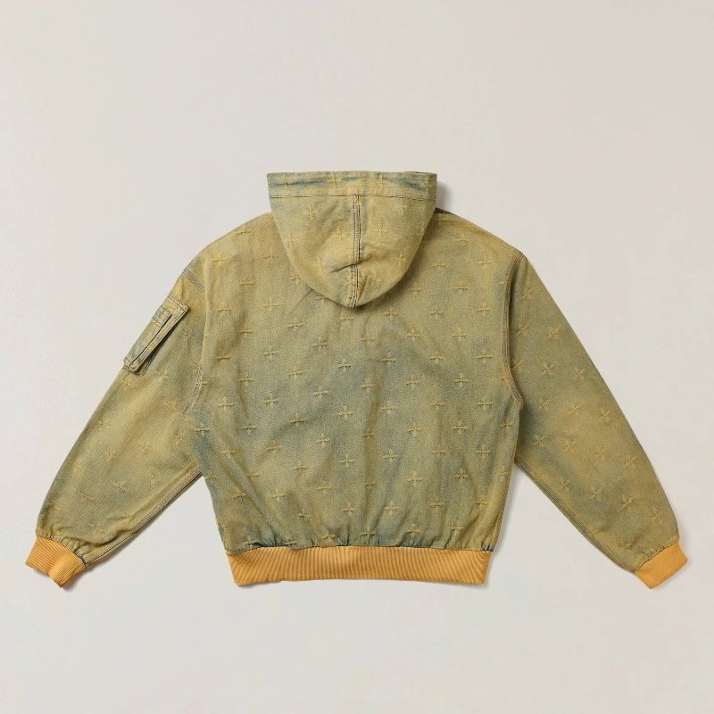 SMF SMFK Hooded Denim Jacket Olive Green Cross-Stitch Embroidery Outerwear - 7