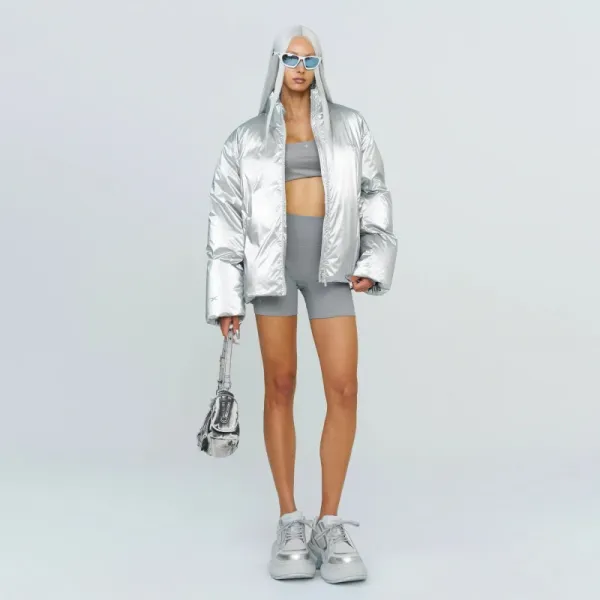 Design Metallic Silver Puffer Jacket Outerwear.jacket - 3