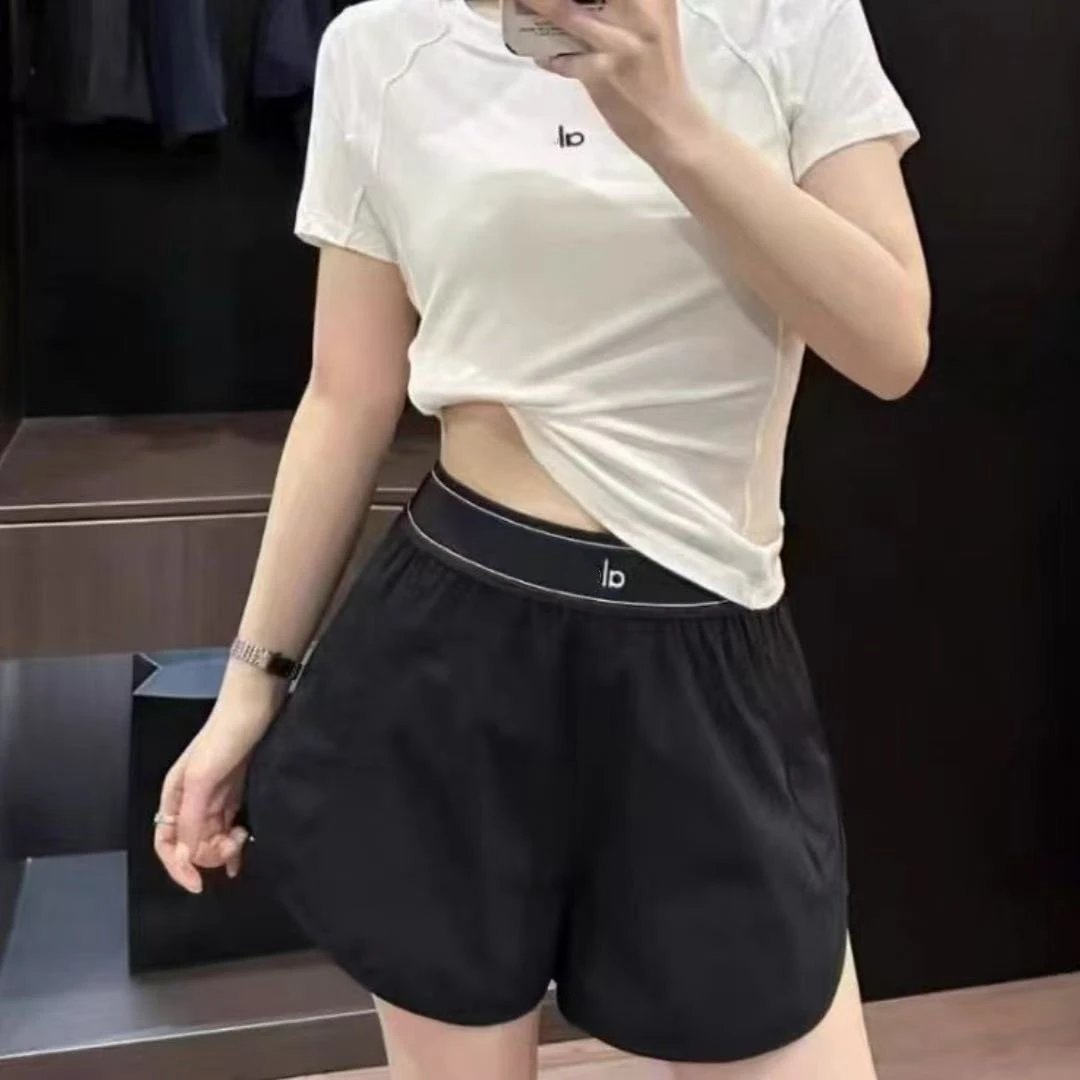 Design Logo-Embroidered Cropped T-Shirt and Elastic-Waist Shorts Set White / Black Activewear - 4